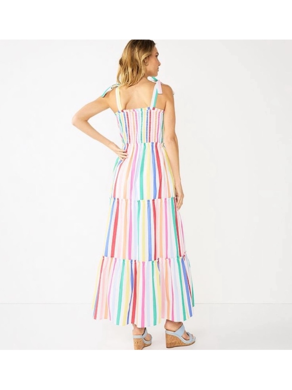 DRAPER JAMES RSVP Tiered Rainbow Pride Maxi Dress w Bow Straps & Pockets Size S - Picture 2 of 15